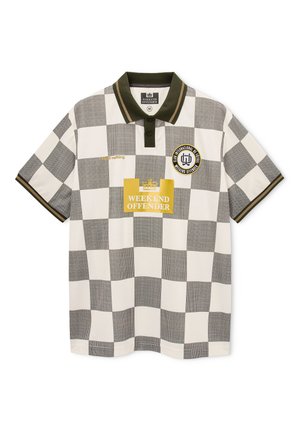 Lühikeste varrukatega polo-särk mustvalge ruudulise mustriga, roheline krae, esiküljel "Weekend Offender" logo ja kollane tekst.