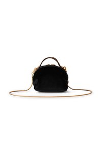 Black suede handbag with a rounded shape, short handle, gold-tone chain strap, and gold hardware accents. Soft texture and minimalistic design.