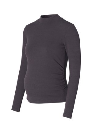 Dunkelgraues Langarmoberteil aus geripptem Stoff, mit hohem Kragen und gerafftem Seitendesign für eine figurbetonte Schwangerschaftsmode.