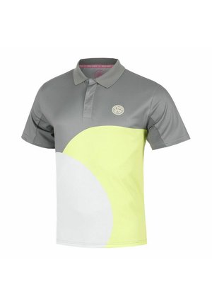 Polo gris à manches courtes avec un motif géométrique jaune et blanc et un petit logo circulaire sur le côté gauche de la poitrine.