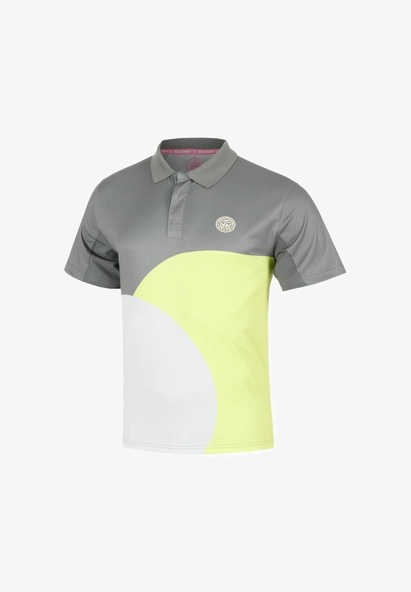Polo gris à manches courtes avec un motif géométrique jaune et blanc et un petit logo circulaire sur le côté gauche de la poitrine.