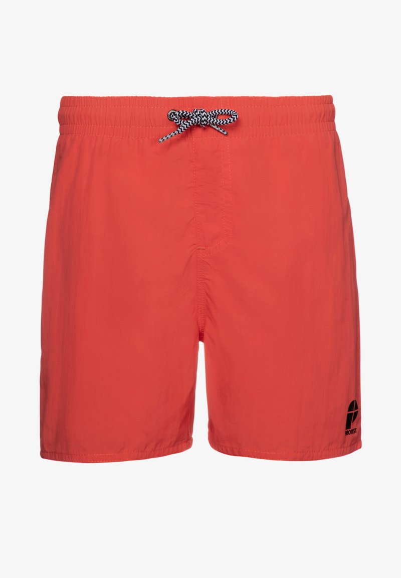 Uimaritkoot kirkkaan korallinvärisissä, kevyestä materiaalista valmistettu. Varustettu elastisella vyötärönauhoilla, joissa on musta-valkoinen naru ja logo.