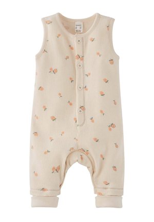 Ärmelloser beiger Baby-Strampler mit orangefarbenem Blumenmuster, Knöpfen vorne und umgeschlagenen Bündchen an den Beinen.
