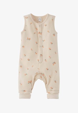 Mouwloos beige babyrompertje met oranje bloemenprint, knoopsluiting aan de voorkant en omgeslagen boorden bij de benen.