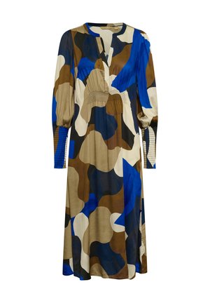 Long-sleeve midi dress with abstract blue, brown, black, and cream pattern, v-neckline, gathered waist, and smocked cuffs.