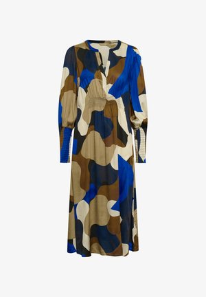 Long-sleeve midi dress with abstract blue, brown, black, and cream pattern, v-neckline, gathered waist, and smocked cuffs.