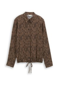 Langarm-Hemd mit Knöpfen und Kordelzugsaum, mit einem braun-schwarzen Streifenmuster und klassischem Kragen. Hergestellt aus leichtem Stoff.