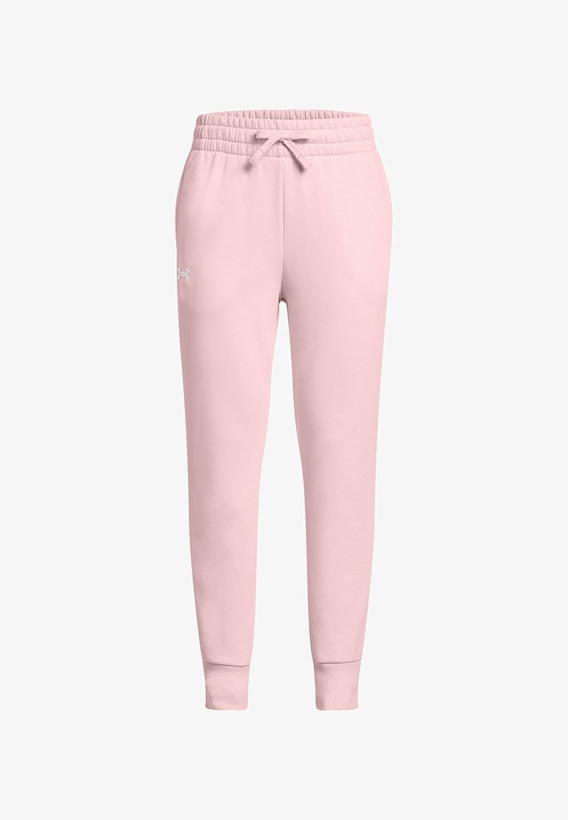Pink sweatpants with an elastic waistband and adjustable drawstring, featuring cuffed hems and a subtle logo on the left thigh.