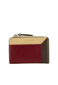 Portafoglio rettangolare in pelle Coccinelle con zip, caratterizzato da blocchi di colore beige, borgogna e marrone scuro con finitura testurizzata.