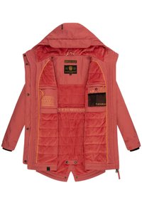 Red outer jacket with a soft, plush orange lining. Features chest and side pockets, yellow trim, and branded labels inside. Zipper closure.