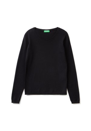 Schwarzer Pullover aus weichem Stoff. Mit rundem Halsausschnitt, langen Ärmeln und gerippten Bündchen sowie Saum. Einfaches, einfarbiges Design.