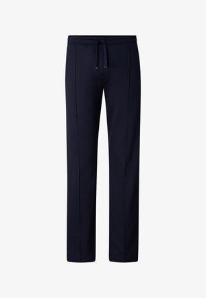 Marineblå bukser med lige ben, elastik i taljen og snøre, med detaljer ved frontsøm og sidelommer.