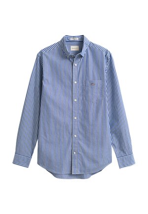 Chemise à manches longues rayée verticalement bleu et blanc avec col à boutons, poche avant unique et ourlet arrondi. Tissu en coton lisse.