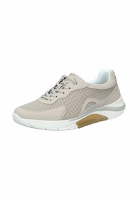 Lichtbeige sportschoen van mesh en synthetische materialen. Voorzien van een gewatteerde kraag, textuuraccenten en een witte zool met een doorschijnend gedeelte.