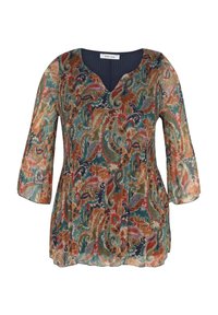 Blouse à motifs floraux avec encolure en V, manches trois-quarts, réalisée en tissu léger dans des nuances de sarcelle, orange et bordeaux.