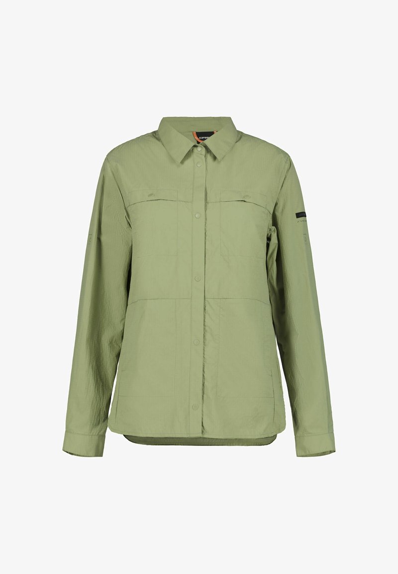 Lysegrøn, langærmet skjorte med knapper, lavet af tekstureret stof, med to brystlommer og en kontrastfarvet krave indvendigt.