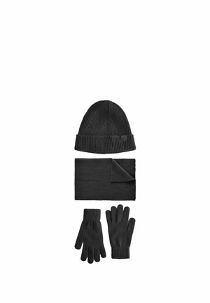Must mustri aksessuaaride komplekt sisaldab musta beanie, salli ja kindaid, millel on ribsiline tekstuur ja minimalistlik disain, kõik ühesuguses värvitoonis.