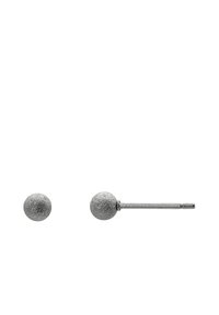 Silver-colored stud earrings featuring a textured, spherical design. One earring has a post for attachment, while the other is a matching stud.