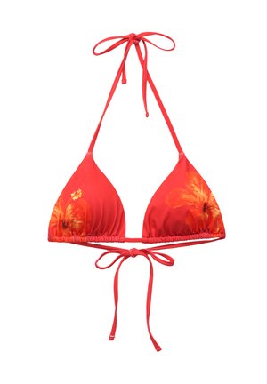 Haut de bikini rouge en forme triangulaire, en tissu lisse, avec des motifs floraux orange. Se noue au cou et dans le dos avec des bretelles réglables.