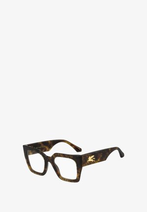 Occhiali da vista quadrati con motivo tartarugato scuro, caratterizzati da un accento color oro sulla stanghetta, lenti trasparenti e finitura lucida.