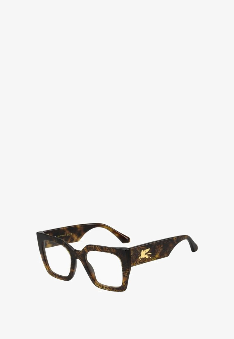Occhiali da vista quadrati con motivo tartarugato scuro, caratterizzati da un accento color oro sulla stanghetta, lenti trasparenti e finitura lucida.