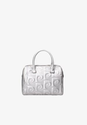 Zilveren handtas met een gestructureerd spiraalpatroon, ronde vorm, dubbele handvatten en ritssluiting. Glad materiaal met een glanzende afwerking.