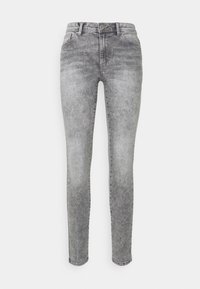 Jeans ajustados en denim gris deslavado, con cintura de altura media, diseño clásico de cinco bolsillos y un sutil desgaste en la tela.