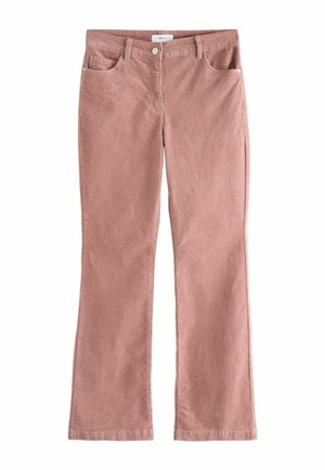 Rosa Cord-Hosen mit Schlag, ausgestattet mit einem Taillenbund mit Gürtelschlaufen und fünf Taschen, abgeschlossen mit einem vorderen Knopf und Reißverschluss.