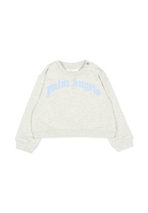 Felpa corta a maniche lunghe grigio chiaro con testo blu "palm Angels" sul petto e bottoni a pressione sulla spalla sinistra.