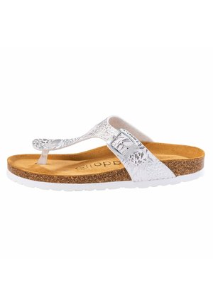 Hvid flip-flop sandal med tekstureret rem, justerbar sølvspænde og korkfodbed. Har en robust hvid gummisål.