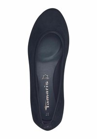 Black suede ballet flat with a rounded toe, minimalistic design, and a smooth inner lining featuring embossed brand logo and size.