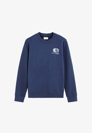 Marineblauwe sweatshirt van een katoenmix met ronde hals, lange mouwen, voorzien van een wit rond logo en tekst op de linkerborst.