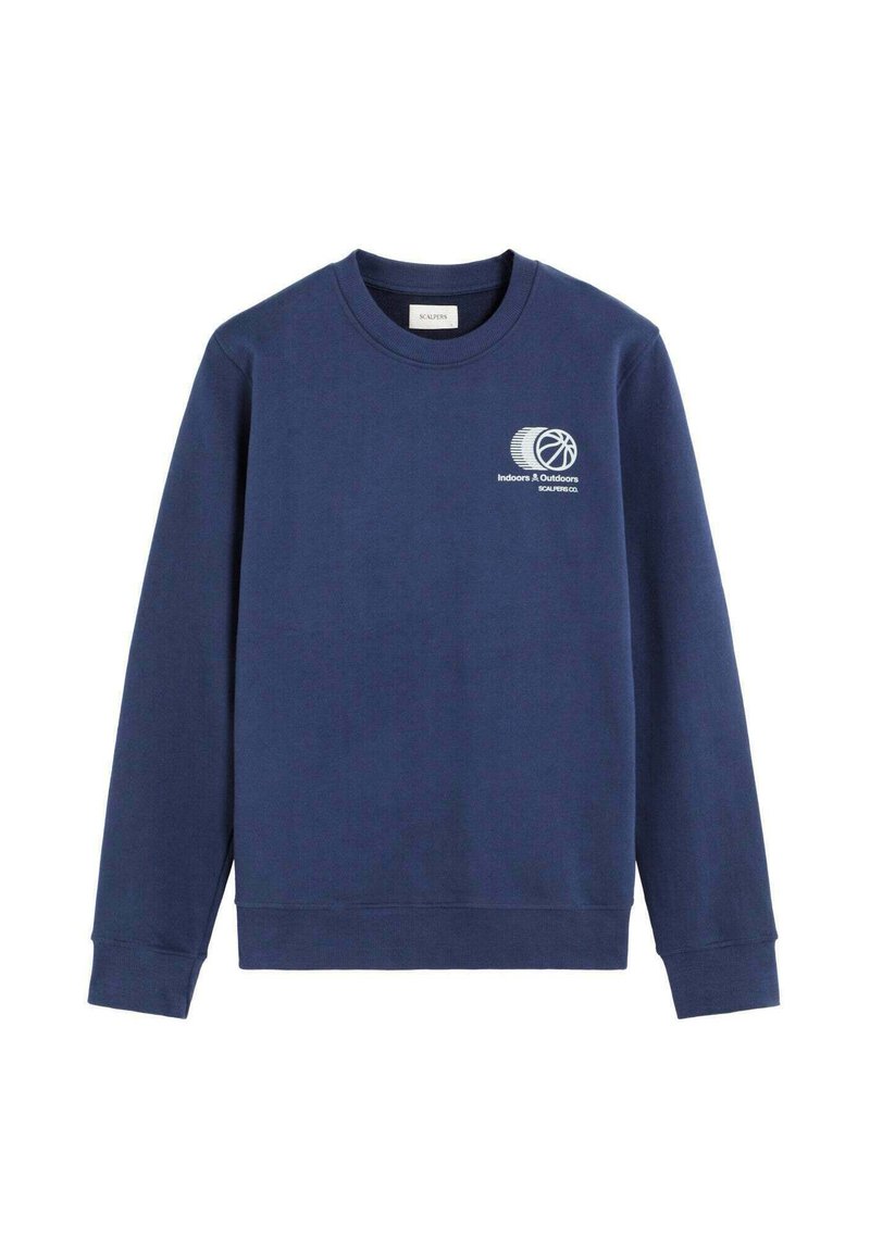 Sudadera azul marino hecha de una mezcla de algodón con cuello redondo, mangas largas, que presenta un logo circular blanco y texto en el lado izquierdo del pecho.
