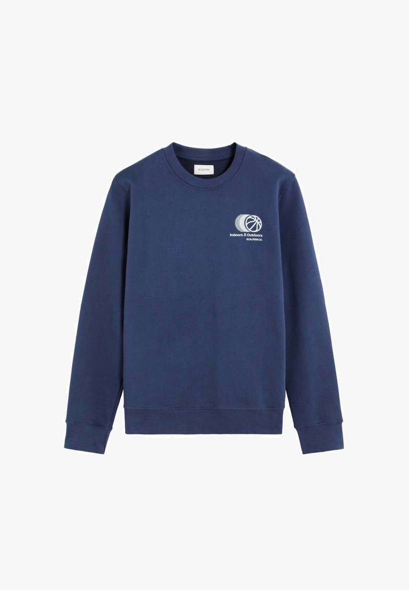 Marineblå sweatshirt lavet af bomuldsblanding med rund hals, lange ærmer, prydet med et hvidt rundt logo og tekst på venstre bryst.