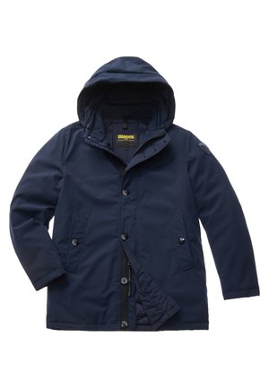 Parka blu navy realizzato in tessuto resistente, dotato di cappuccio, chiusura con bottoni e due tasche frontali con rivestimento trapuntato.