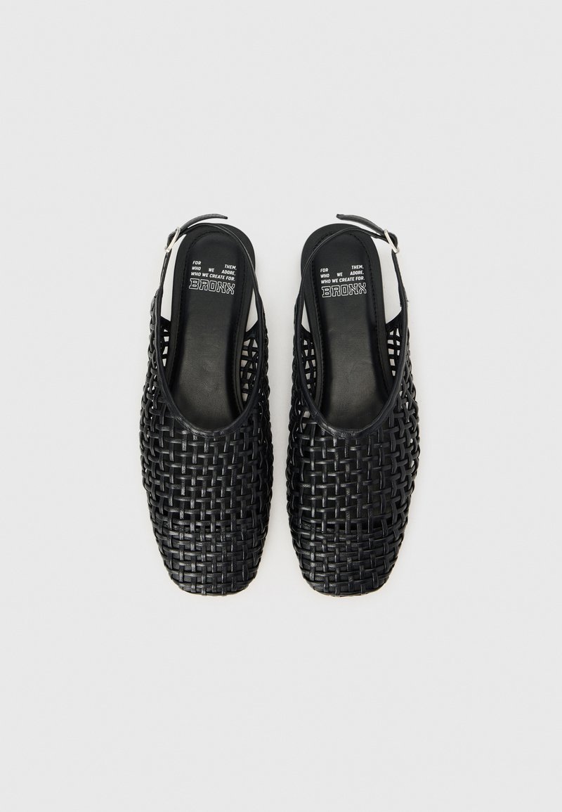 Czarne, plecione skórzane buty typu slingback z regulowanymi klamrami i markowymi wkładkami z napisem „BRONX” na jasnym tle.