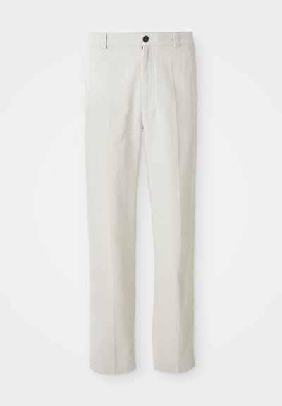 Beige straight-leg pants with belt loops, front button, and zip closure, displayed flat on a white background.