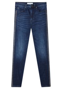 Jeans de denim azul oscuro con un ajuste Slim, que presentan una sutil textura desgastada y costuras contrastantes a lo largo de las costuras laterales.