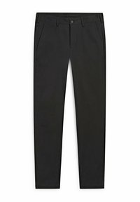 Pantalon noir en tissu lisse, avec une coupe ajustée, deux poches avant et une fermeture à boutons. Design minimaliste sans motifs.