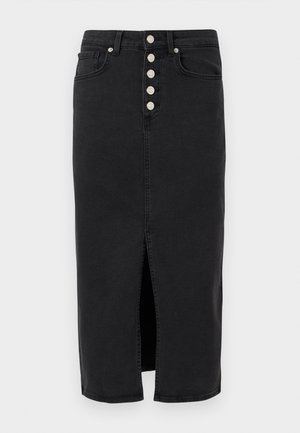 Jupe midi en denim noir taille haute avec fermeture à boutons sur le devant, passants pour ceinture, poches latérales et fente frontale à l'ourlet.