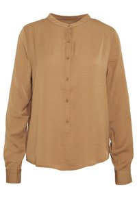 Brown long-sleeve shirt with a rounded collar, front placket with buttons, and a smooth, slightly textured fabric. Hem is slightly curved.