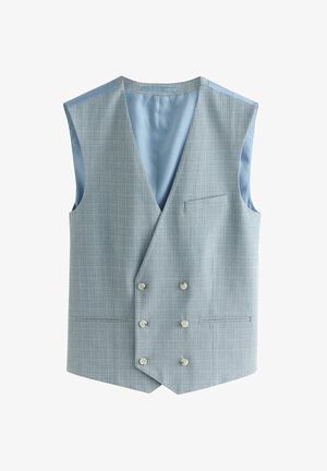 Světle modrá bezrukávová vesta z kostkované látky. Disponuje dvouřadým designem a čtyřmi knoflíky, s hladkým saténovým podšívkou.