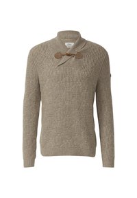 Beżowy sweter z dzianiny o fakturowym wzorze, z kołnierzem szalowym i zapięciem na ozdobne guziki. Długie rękawy i lekko dopasowany krój.