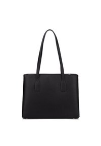 Zwarte tote bag met een gestructureerd oppervlak, twee stevige handvatten, een rechthoekige vorm en een ritssluiting aan de bovenkant.