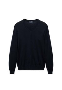 Suéter negro con cuello en V, hecho de una tela suave, con mangas largas y puños y dobladillo acanalados, de textura suave y sin patrones visibles.