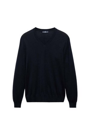 Black v-neck sweater made of soft fabric, featuring long sleeves and ribbed cuffs and hem, with a smooth texture and no visible patterns.