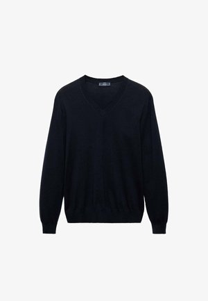 Zwarte v-hals trui van zachte stof, met lange mouwen en ribgebreide manchetten en zoom, met een gladde textuur en geen zichtbare patronen.