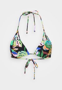 Bikini top with vibrant multicolored tropical leaf pattern. Features triangular cups and adjustable tie neck and back. Black base color.