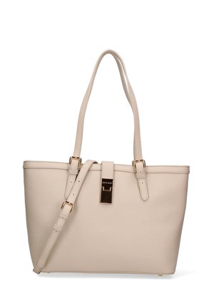 Borsa tote in pelle beige con doppi manici superiori, tracolla regolabile, finiture in oro e superficie testurizzata. Presenta una chiusura a scatto.