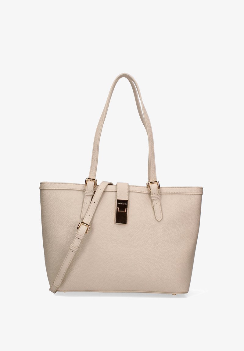 Sac fourre-tout en cuir beige avec deux poignées supérieures, une bandoulière réglable, des accents en métal doré et une texture extérieure. Il dispose d'une fermeture à pression.